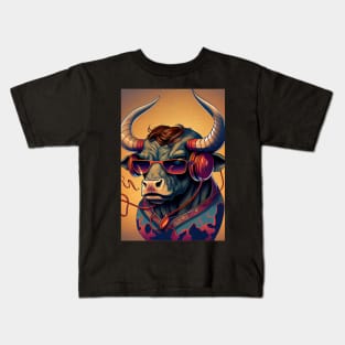 Psychedelic bull wearing headphones and sunglasses Kids T-Shirt